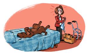 Piirroskuvassa iso koira makaa sängyllä selällään ja vieressä seisoo tuohtunut nainen kädessään opaskoiran valjaat. Hän on lähdössä ulos, mutta koira ei huomaa häntä.