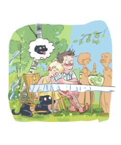 Piirroskuvassa istutaan juhannuspöydässä ulkona. Pöydän alla näkyy, miten nainen silittää vieressään istuvan miehen karvaista säärtä. Hänen toisellaan puolellaan tilannetta seuraa hämmästynyt opaskoira.