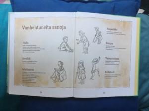 Piirroksin varustettu kirjan aukeama, jossa esitellään vanhentuneita, vammaisuutta kuvaavia sanoja.