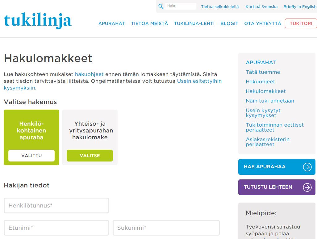 Tukilinja-apurahan sähköinen hakemuslomake.