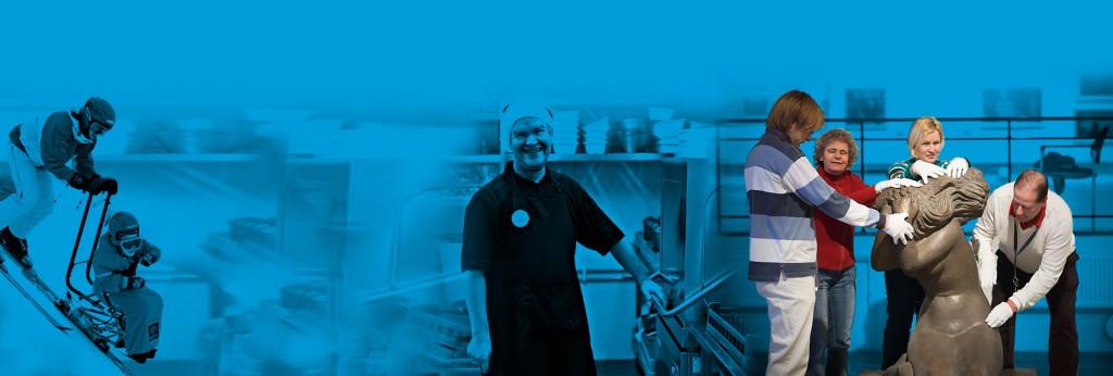 Kuvassa näkyy toimintoja, joita apurahoilla tuetaan: urheilua, työllistymistä, taiteen harrastusta