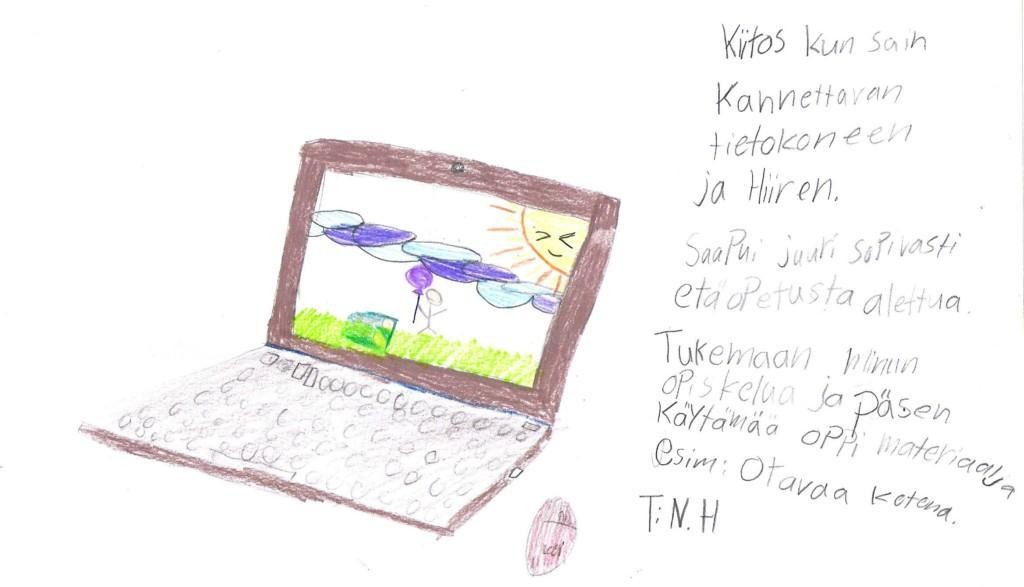 Lapsen kiitoskirje saamastaan tietokoneesta. 