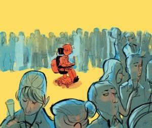 Piirroskuvassa näkyy sähköpyörätuolia käyttävä mies keskellä ihmisjoukkoa, joka on kääntänyt hänelle selkänsä.