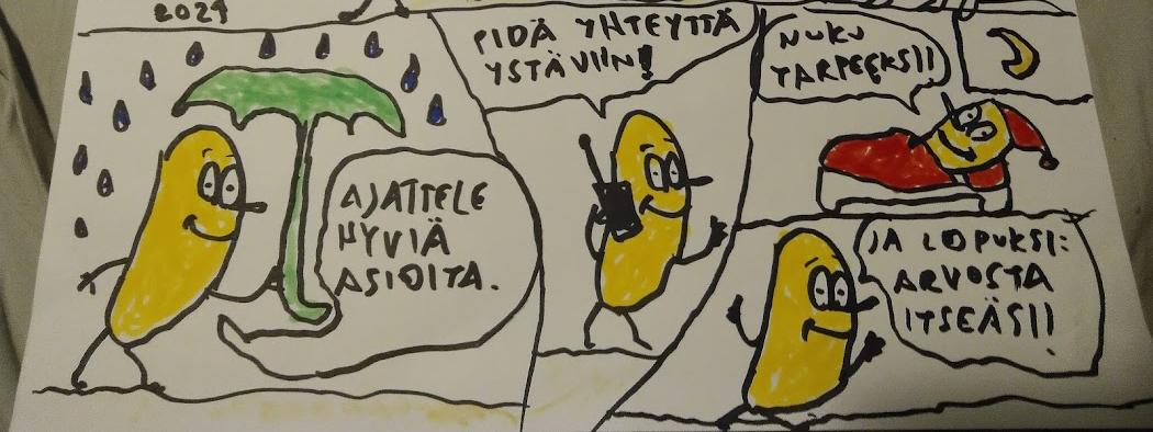 Sarjakuva, jossa banaanihahmo antaa elämänohjeita.