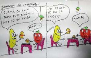 Sarjakuva, juossa banaani ja tomaatti keskustelevat.