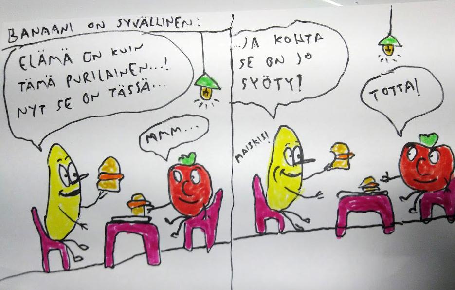 Sarjakuva, juossa banaani ja tomaatti keskustelevat.